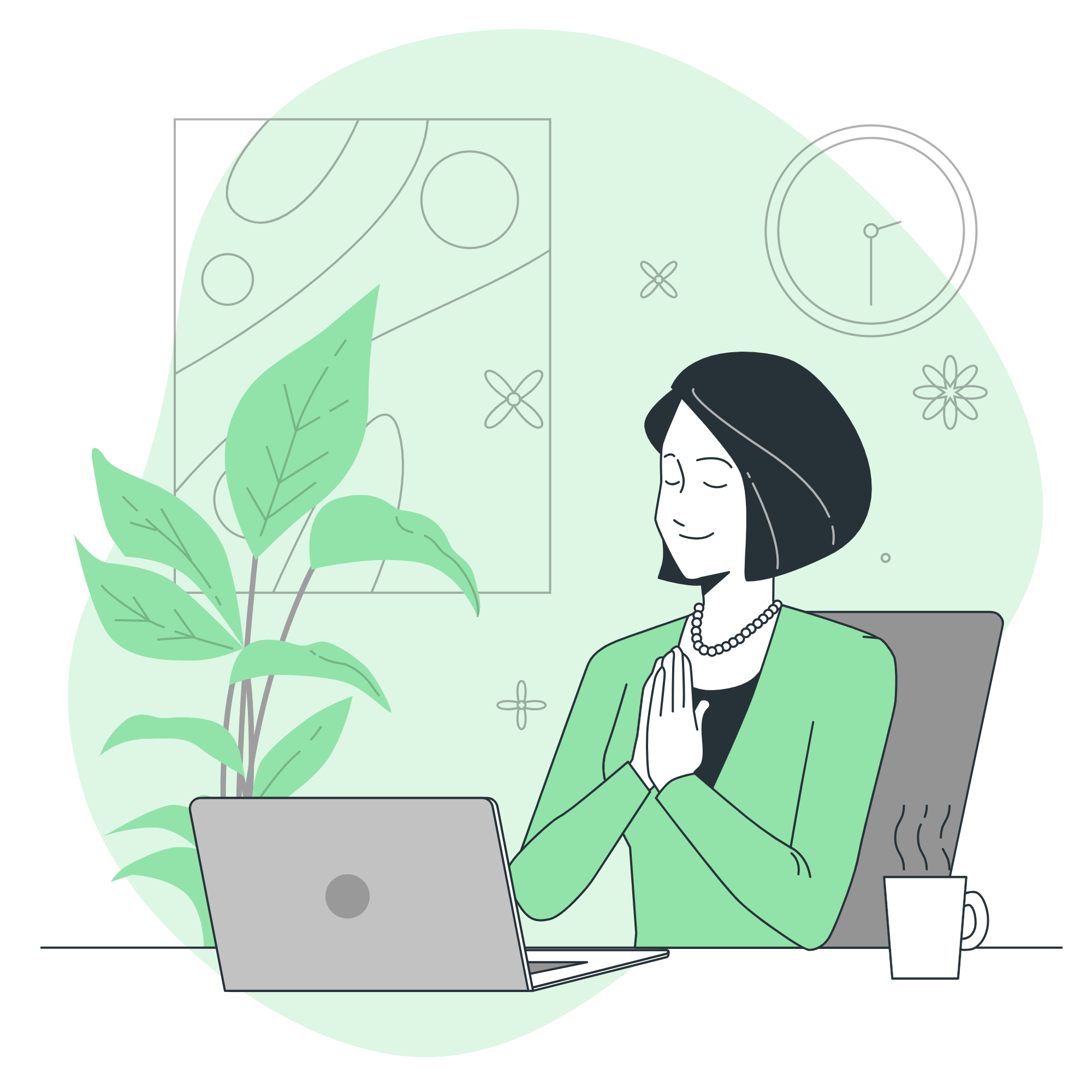 A lady sitting in front of laptop either thinking or meditating